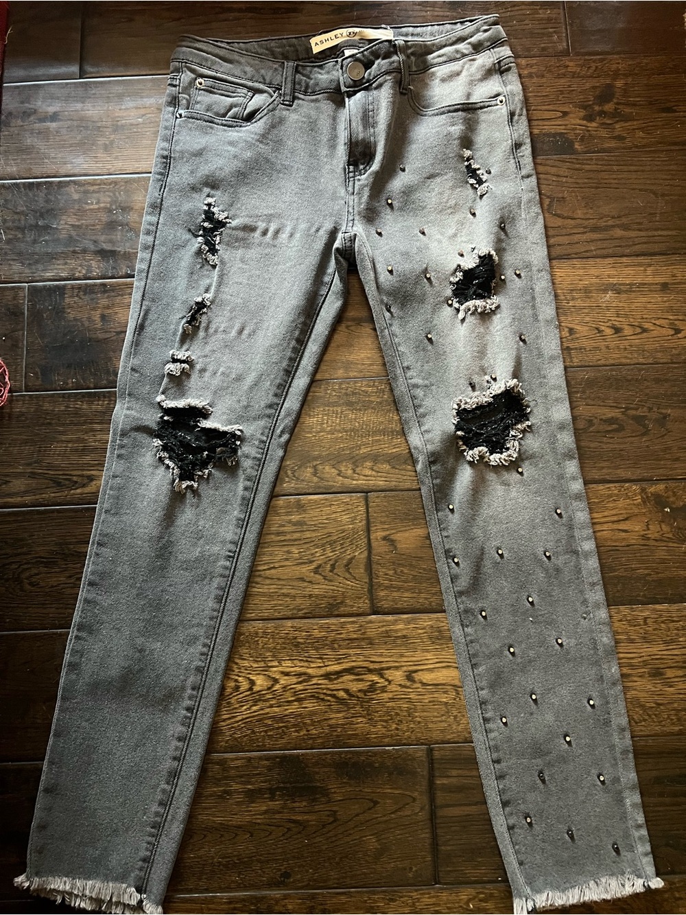 Mason Grey Skinny Jeans with Distressed Lace Insets and Studs